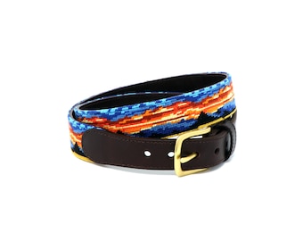 Handmade Leather Needlepoint Mountain Range Belt: Full Grain Leather