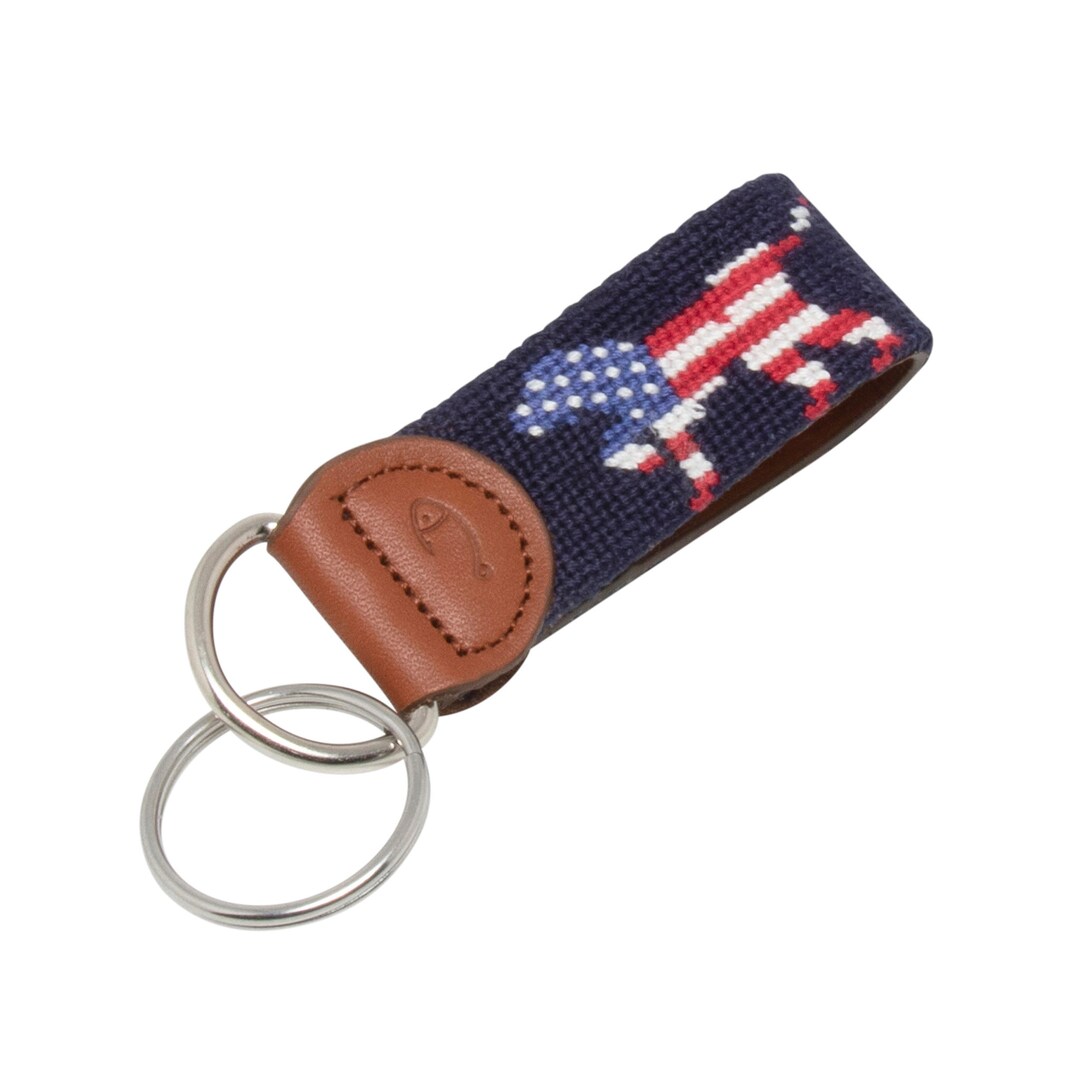 Patriotic Dog Needlepoint Keychain Handmade Key Fob W/ Leather Backing
