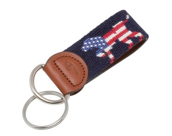 Handmade Patriotic Dog Needlepoint Keychain with Leather Backing