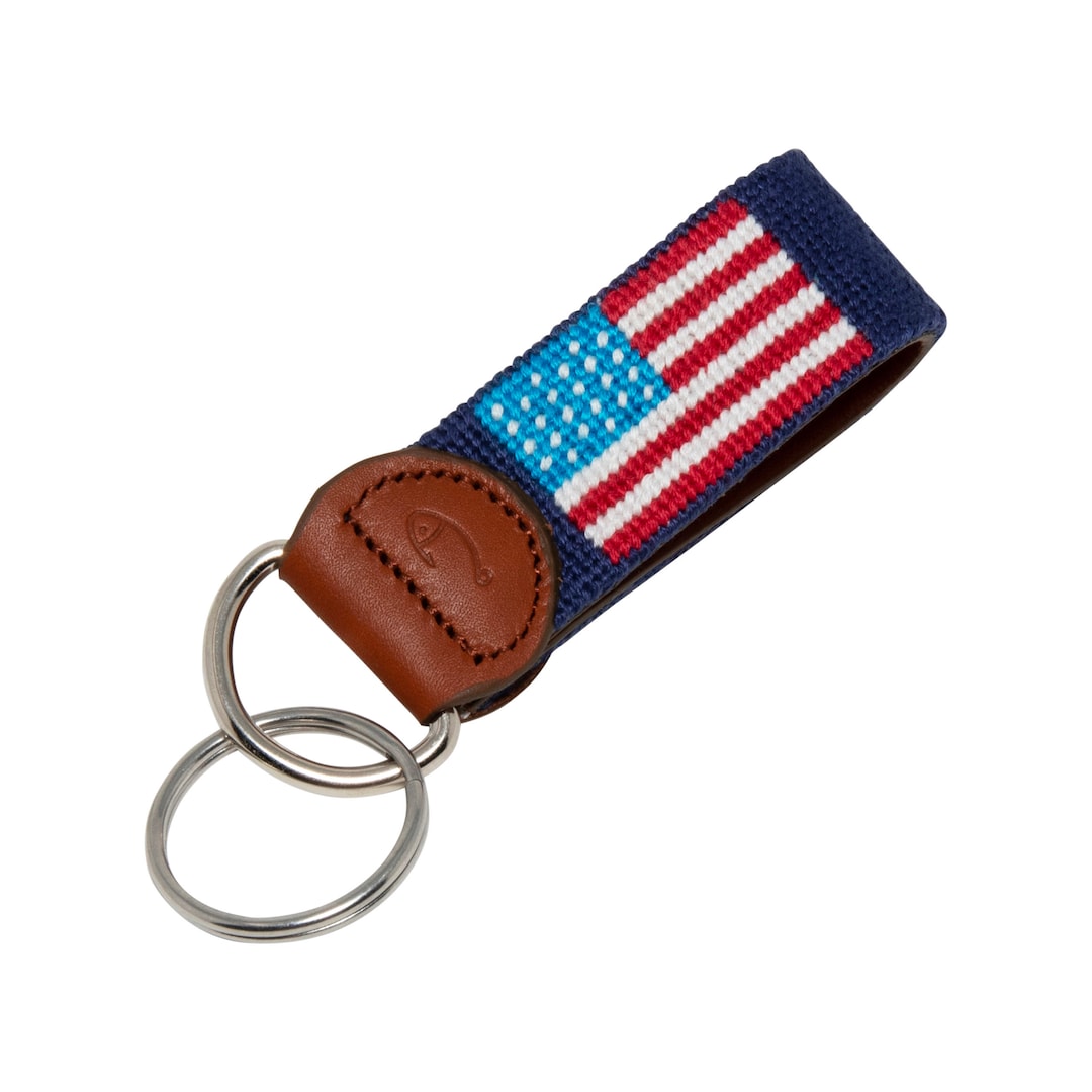 American Flag Needlepoint Keychain Handmade Key Fob W/ Leather Backing