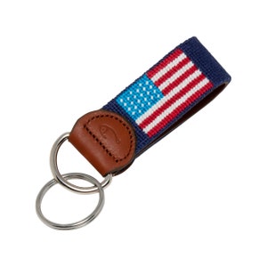 American Flag Needlepoint Keychain: Handmade Leather Key Fob