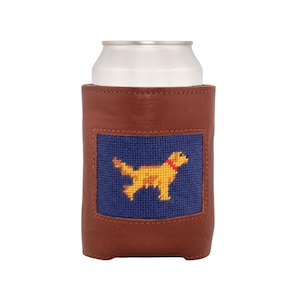 Golden Retriever Needlepoint Can Cooler: Handmade Leather Dog Lover Gift