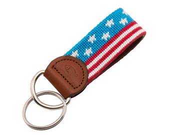 American Flag Needlepoint Keychain: Handmade Leather Key Fob