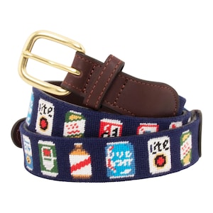 Handstitched Needlepoint Beer Can Belt: Full Grain Leather Men&#39;s Accessory