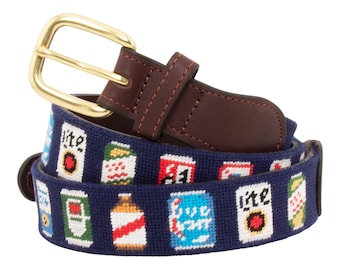 Leather Handstitched Needlepoint Beer Can Men’s Belt Hand-stitched Using Top Quality Cotton on Full Grain Leather Backing