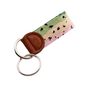 Handstitched Needlepoint Trout Key Fob: Leather Fly Fishing Keychain