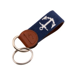Handmade Needlepoint Anchor Key Fob: Nautical Leather Keychain