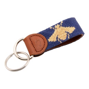 Bees Needlepoint Keychain - Handmade Key Fob w/ Leather Backing & Quality Cotton Thread