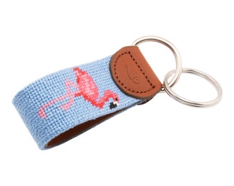 Pink Flamingo Needlepoint Keychain: Handmade Leather Key Fob