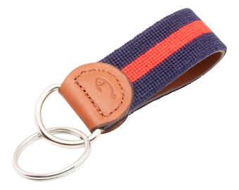 Handstitched Needlepoint Key Fob: Navy Stripe Leather Key Chain