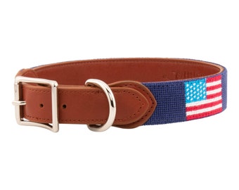 Leather Handstitched Needlepoint American Flag Dog Collar- Durable Artisan Handcrafted with High-Grade Stainless Steel Hardware