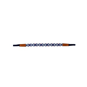 May include: A white, blue, and red patterned camera strap with brown leather ends.