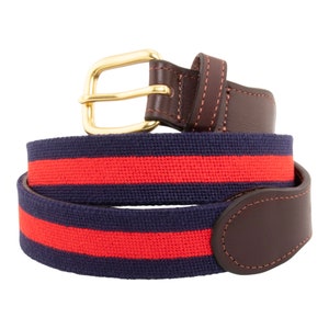 Leather Handstitched Needlepoint Navy Stripe Men’s Belt Handmade Using Top Quality Cotton with Brass Buckle