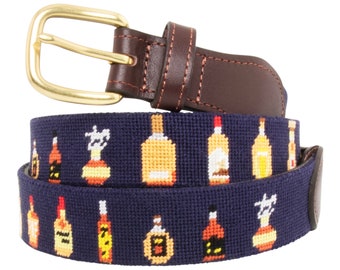 Leather Handstitched Needlepoint Bourbon Men’s Belt Handmade Using Top Quality Cotton with Brass Buckle