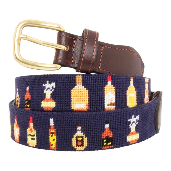 Handmade Needlepoint Bourbon Bottle Belt: Leather & Brass 