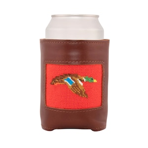 Duck Needlepoint Can Cooler: Handmade Leather & Neoprene