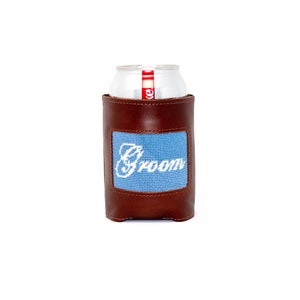Leather Handstitched Needlepoint Groom Can Cooler - Full Grain Leather / Handmade / Interior Neoprene Liner / Wedding Party Gift