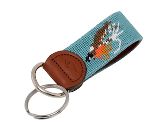 Fly Fishing Needlepoint Key Fob: Handmade Leather & Cotton Keychain