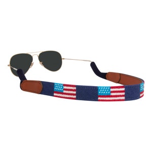 American Flag Needlepoint Sunglass Strap: Handmade Leather Sunglass Chain