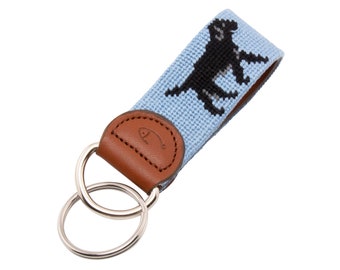 Black Lab Needlepoint Keychain: Handmade Cotton Key Fob with Leather Backing