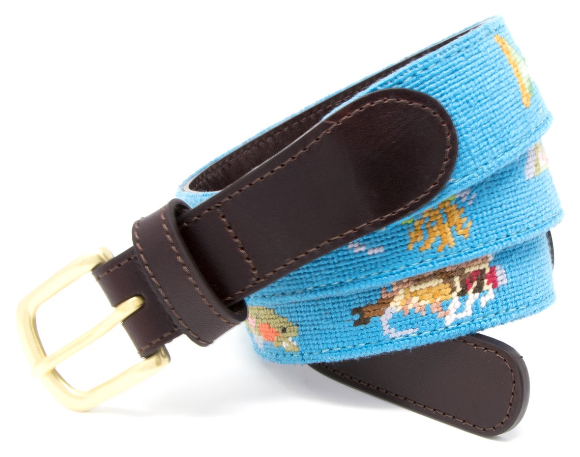 Leather Handstitched Needlepoint Fly Fishing Mens Belt Etsy