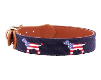 Full Grain Leather Needlepoint Patriotic Dog Dog Collar  with High-Grade Stainless Steel Hardware