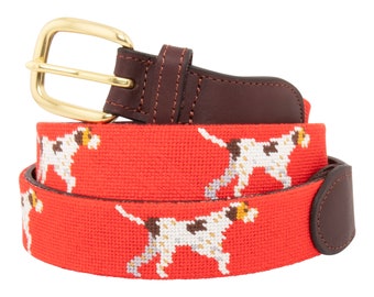 Leather Handstitched Needlepoint Pointer Dog  Men’s Belt w/ Top Quality Cotton and Brass Buckle