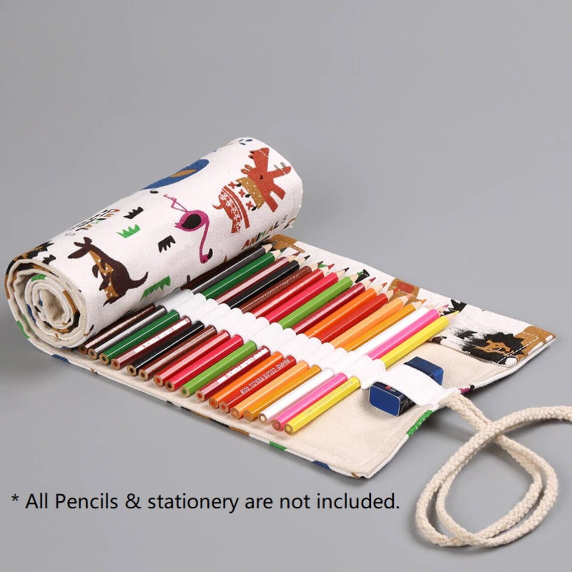 Kids Canvas Roll up Pencil Holder Cute Animal Pencil Case Roll Canvas