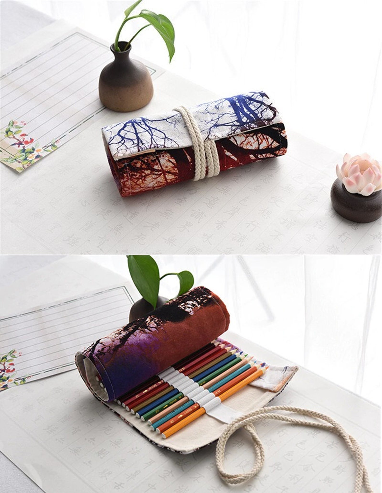 Canvas Roll up Pencil Holder Japanese Style Pencil Case Roll Canvas