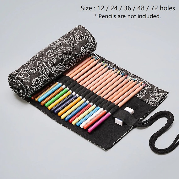 Canvas Pencil Case Roll Black Canvas Roll Pencil Pouch Leaves Pattern Color  Pencil Storage Pouch Roll up Pencil Case PC1002 