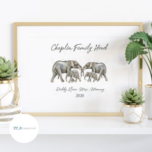 Personalised Elephant Family print, Mother&#39;s Day, animal family, Wall art, Our Family, Any theme