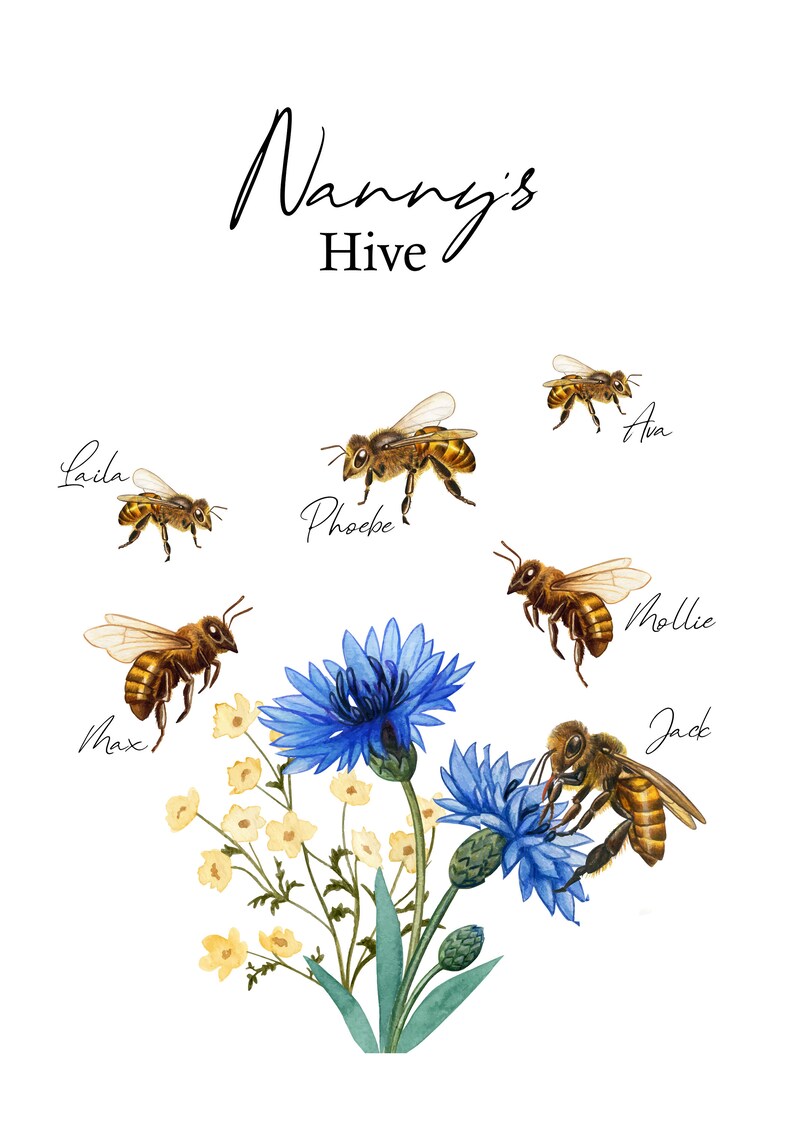 Custom bespoke family print Wall d\u00e9cor Home Nanny/'s Hive- Family Print A4 Personalised Bumble Bee Our Family