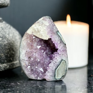 Extra Large Flame Crystal Carving, 6 in tall Amethyst Flame with Calcite and Agate formations, Natural Geode Flame, Freestanding Amethyst
