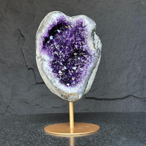Large Amethyst Geode Crystal, Deep Purple Amethyst on modern gold stand