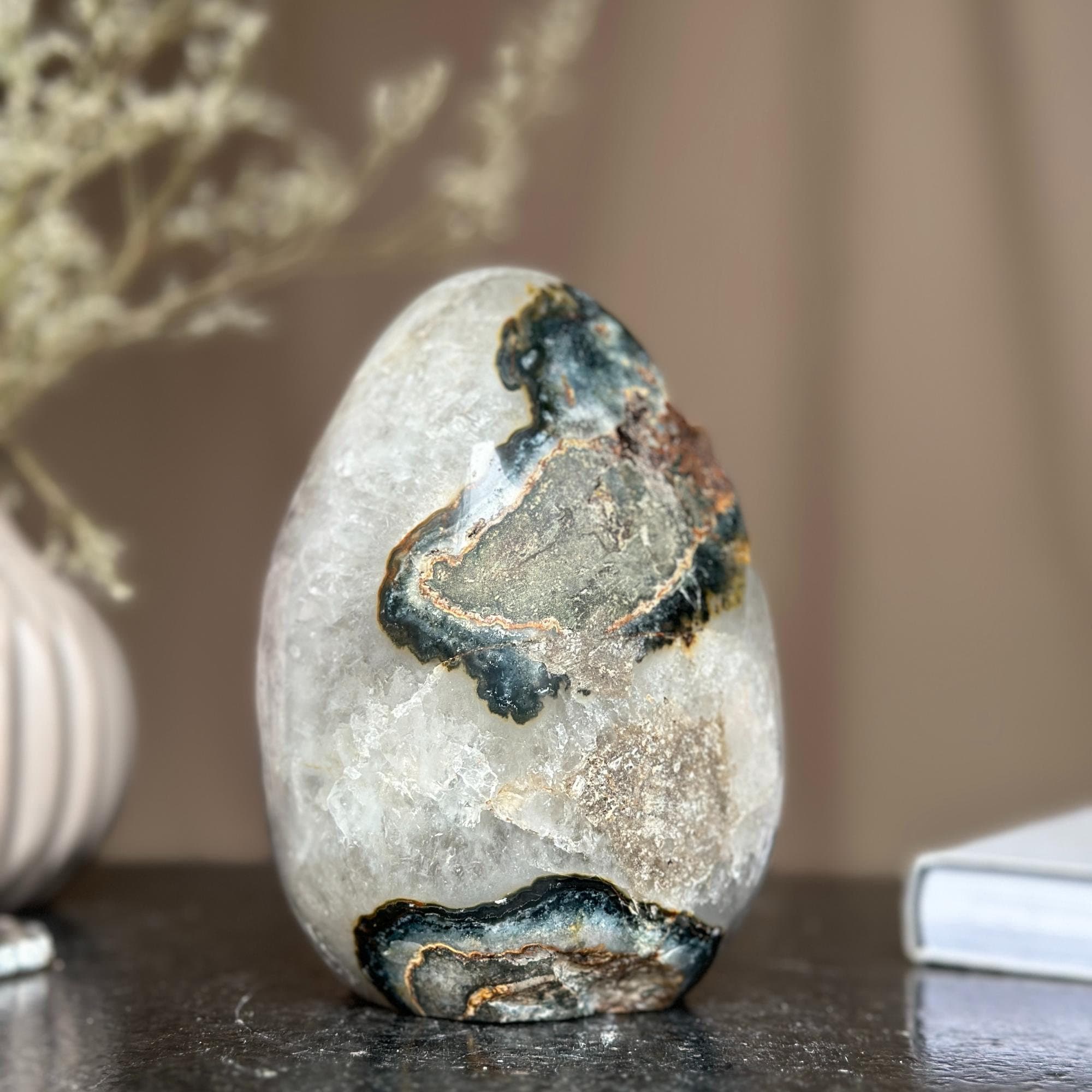 Genuine Amethyst Egg: Quartz Geode Crystal Cavern, Polished Base