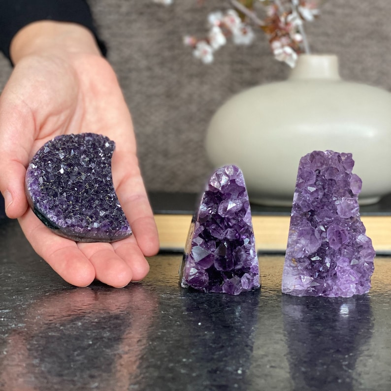 Deep Purple amethyst set 3 pieces, amethysts geodes and Moon, healing crystals image 1