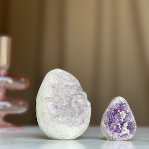 Clear Quartz & Amethyst Crystal Egg Set: Polished Geode Stones