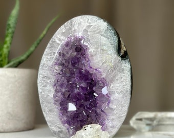 Amethyst Geode Crystal Egg with incredible Agate formations, Natural cave shaped polished agate stone