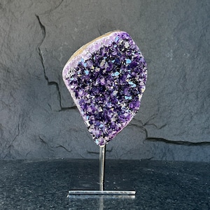 Natural Amethyst Crystal Geode, Purple Amethyst Crystal on Stand, Metallic Stand Included