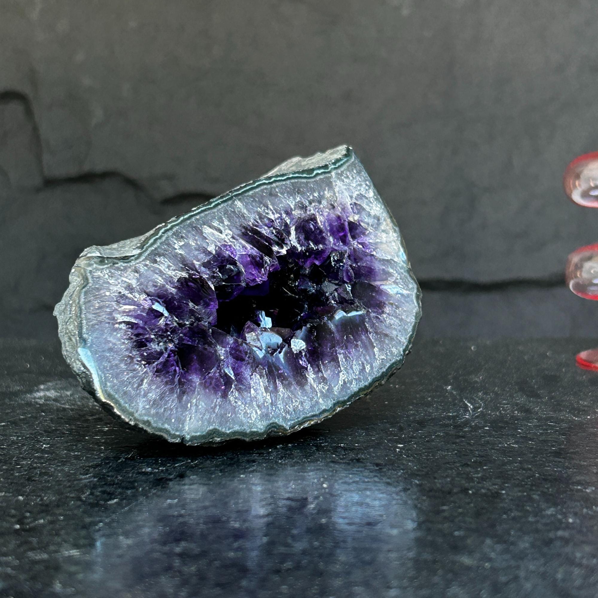 Dyed Quartz Black Geode with Purple Center (3 Black Purple Amethyst Polished Stone Geode display picture 1
