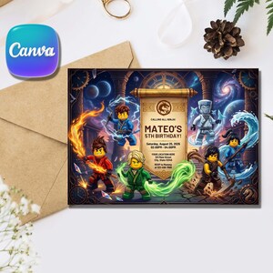 Brick Ninja Birthday Invitation | Elemental Warrior Team | Dragon Scroll | 5th Birthday | Editable Canva