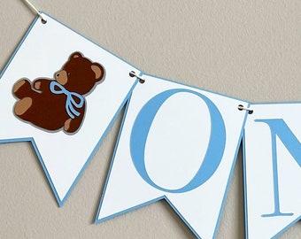 Teddy Bear High Chair Banner - Beary FirstBirthday Party Banner, Pink and Blue Birthday Party Decor, First Birthday, One, Two