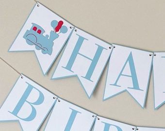 Balloon Train Happy Birthday Banner - Choo Choo Train Banner, Boy Birthday Party Decor, Blue & Red, Two