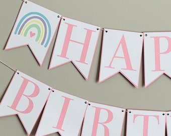 Rainbow Bash Happy Birthday Banner - Birthday Party Banner, First Birthday, Second Birthday, Rainbows and Hearts