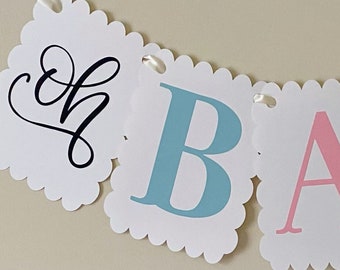 Oh Baby Banner - Pastel, Pink and Blue, Pregnancy Announcement, Gender Reveal, Baby Shower Banner, Scalloped Banner