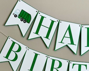 Garbage Truck Happy Birthday Banner - Loads of Fun, Things That Go Party Banner, Green and White
