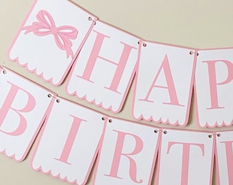 Bow Bash "Scalloped" - "Happy Birthday" Banner - Bow Party, Girl Birthday Party Decor, First, Second Birthday, Pink, Blue