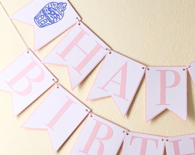 Ginger Jar Happy Birthday Banner - Chinoiserie Chic Birthday Party, Blue and White, Pink, Girl