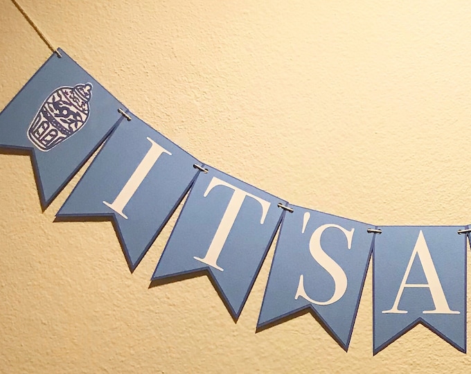 It's A Boy Ginger Jar Banner - Blue and White, Chinoiserie Chic Baby Shower, Gender Reveal, Blue Baby Shower