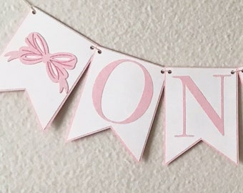 Bow Bash High Chair Banner - Birthday Party Banner, Pink and White, Girl Birthday Party Decor, First Birthday, One, Two